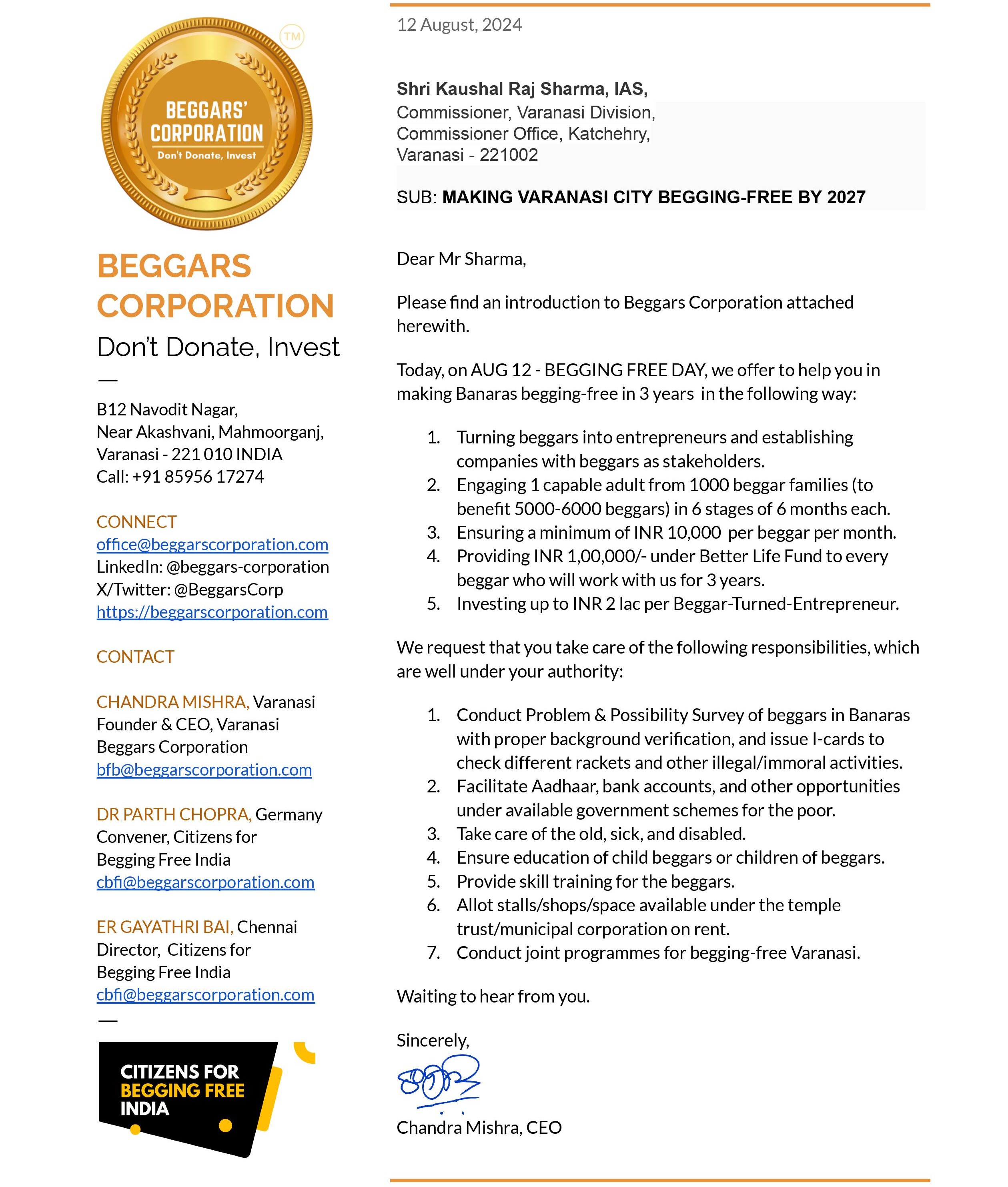 Letter to Commissioner for Begging Free Banaras image